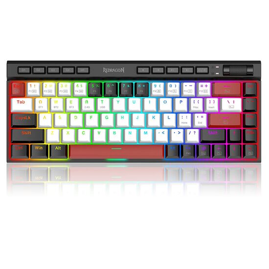 Tastatura gaming mecanica Bluetooth cu si fara fir Redragon Magic-Wand Mini PRO iluminare RGB taste albe negre si rosii