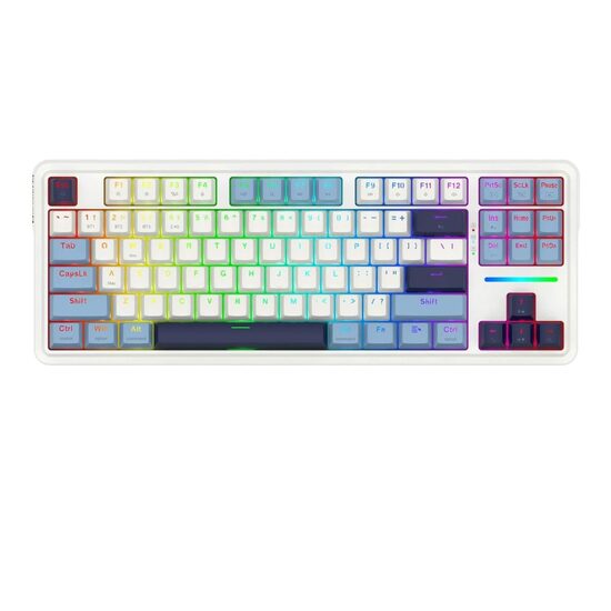 Tastatura gaming mecanica Bluetooth cu si fara fir Redragon Antonium Pro alba cu albastru iluminare RGB