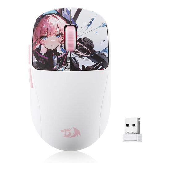 Mouse gaming Bluetooth cu si fara fir Redragon Klyamoor Pro Standard Anime alb cu roz
