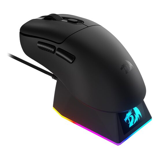 Mouse gaming wireless bluetooth si cu fir Redragon Ebony Standard negru ultra usor 24K DPI cu dock de incarcare magnetic cu iluminare RGB